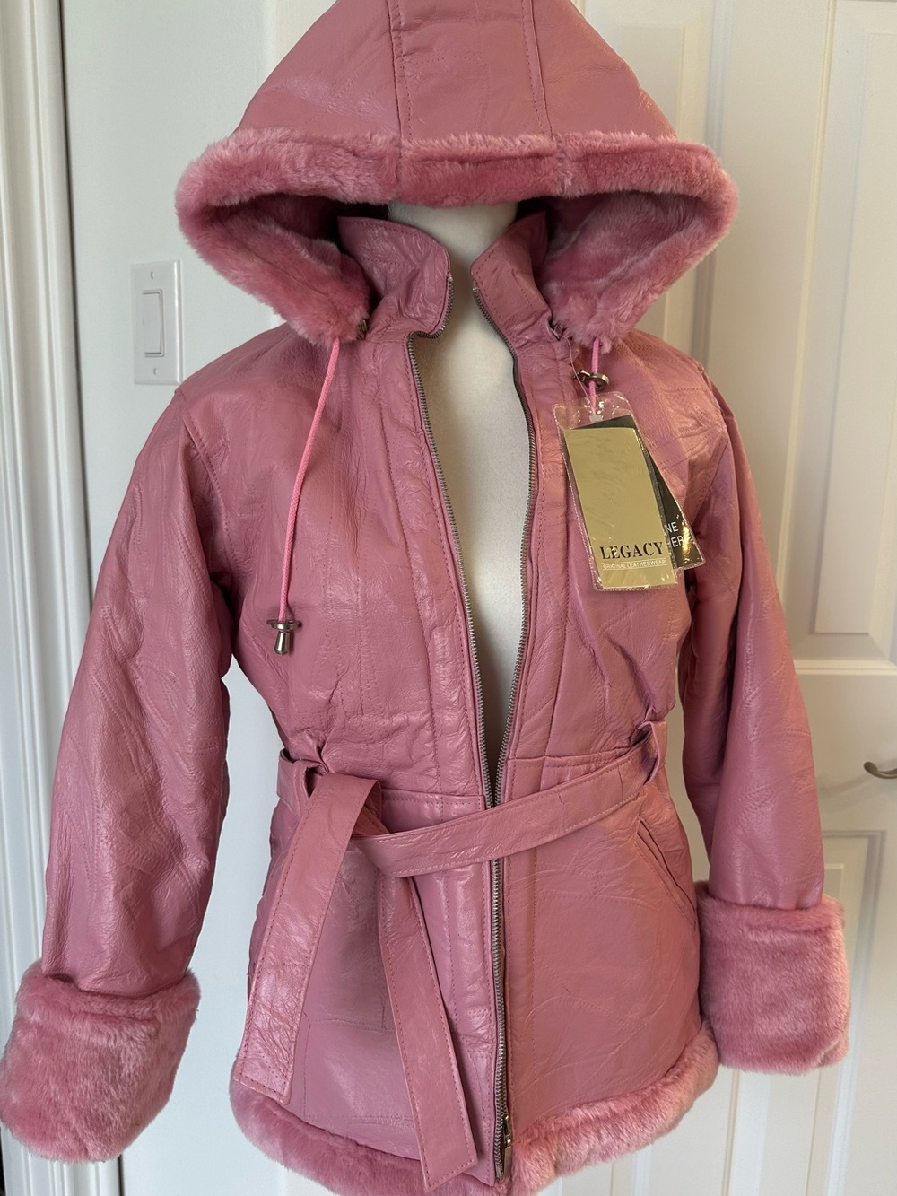 Pink Genuine Leather Belted Jacket, with Removable Hood. Junior XL, Adult XS.